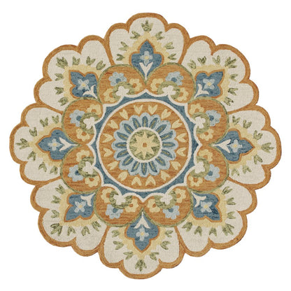 5' Blue and Ivory Round Wool Floral Hand Tufted Area Rug