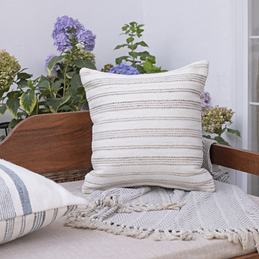 20" Navy and White Striped Throw Pillow With Ruffle