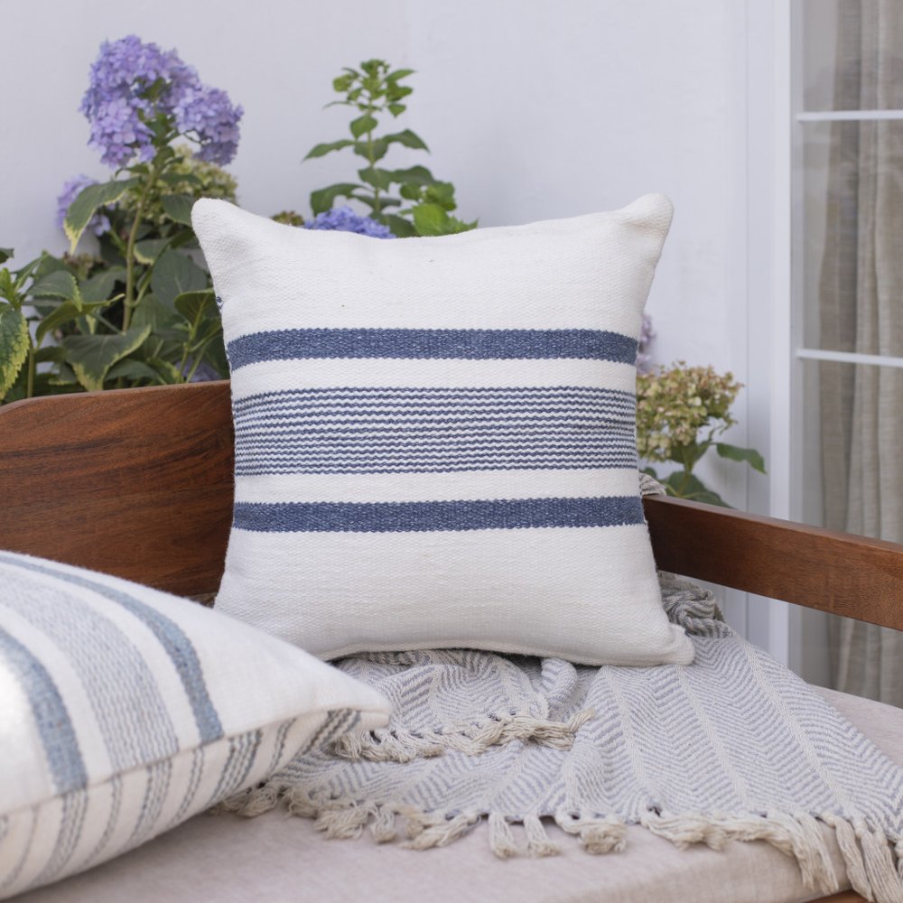 20" Blue and White Striped Throw Pillow