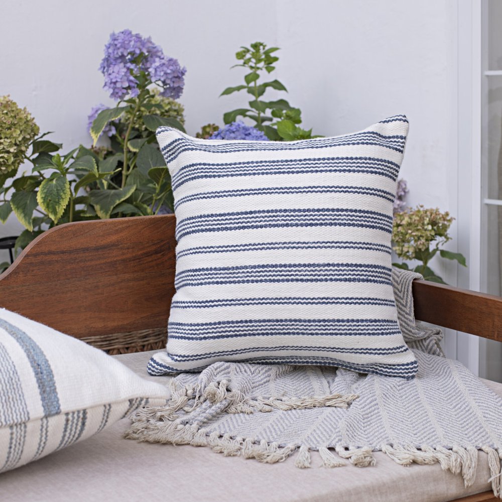 20" Navy and White Striped Throw Pillow With Ruffle