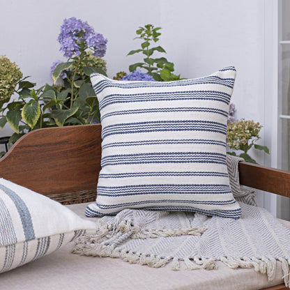 20" Navy and White Striped Throw Pillow With Ruffle