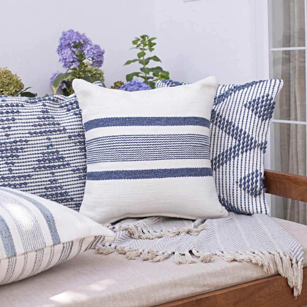 20" Navy and White Striped Throw Pillow With Ruffle