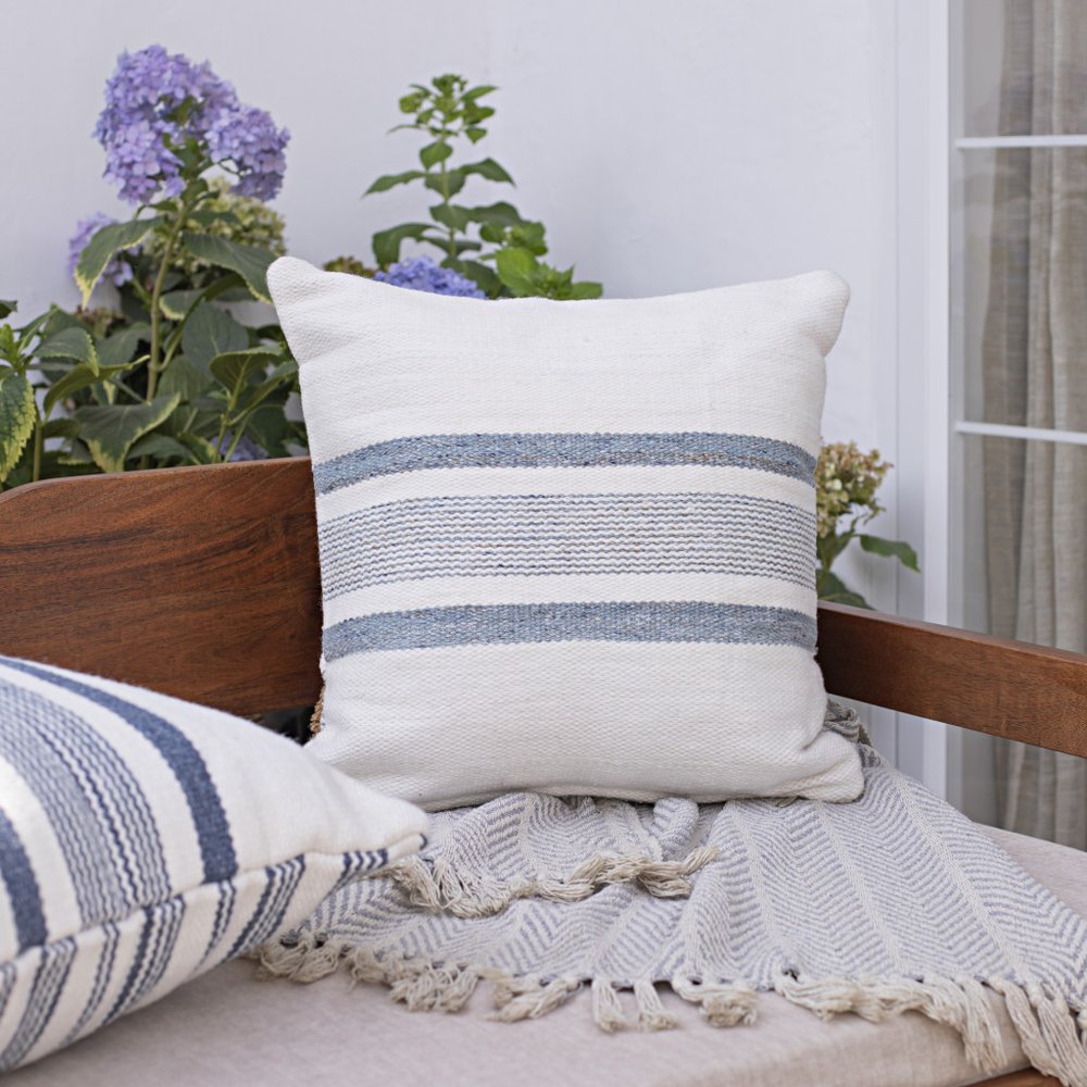 20" Navy and White Striped Throw Pillow With Ruffle