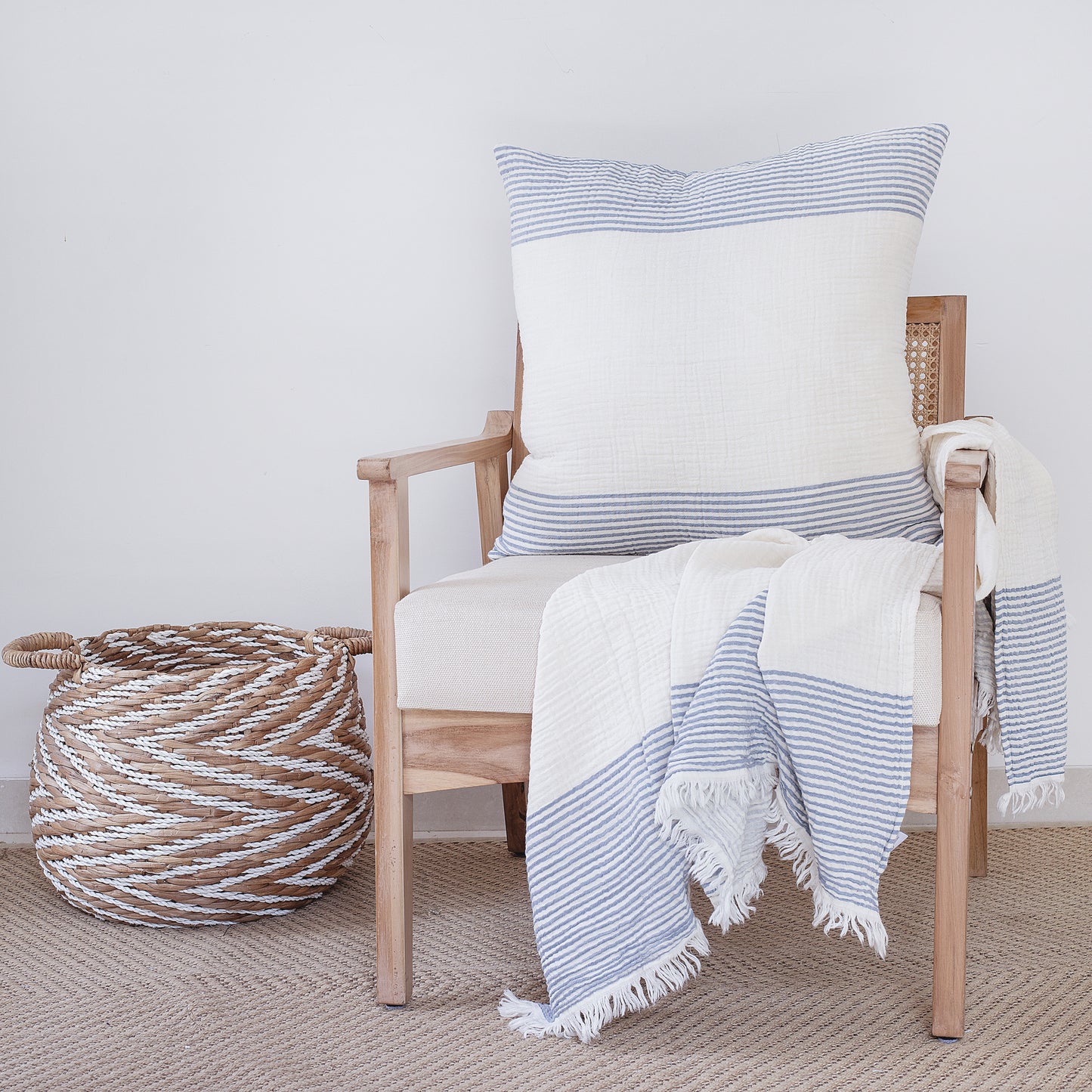 22" Beige and Ivory Striped Cotton Throw Pillow