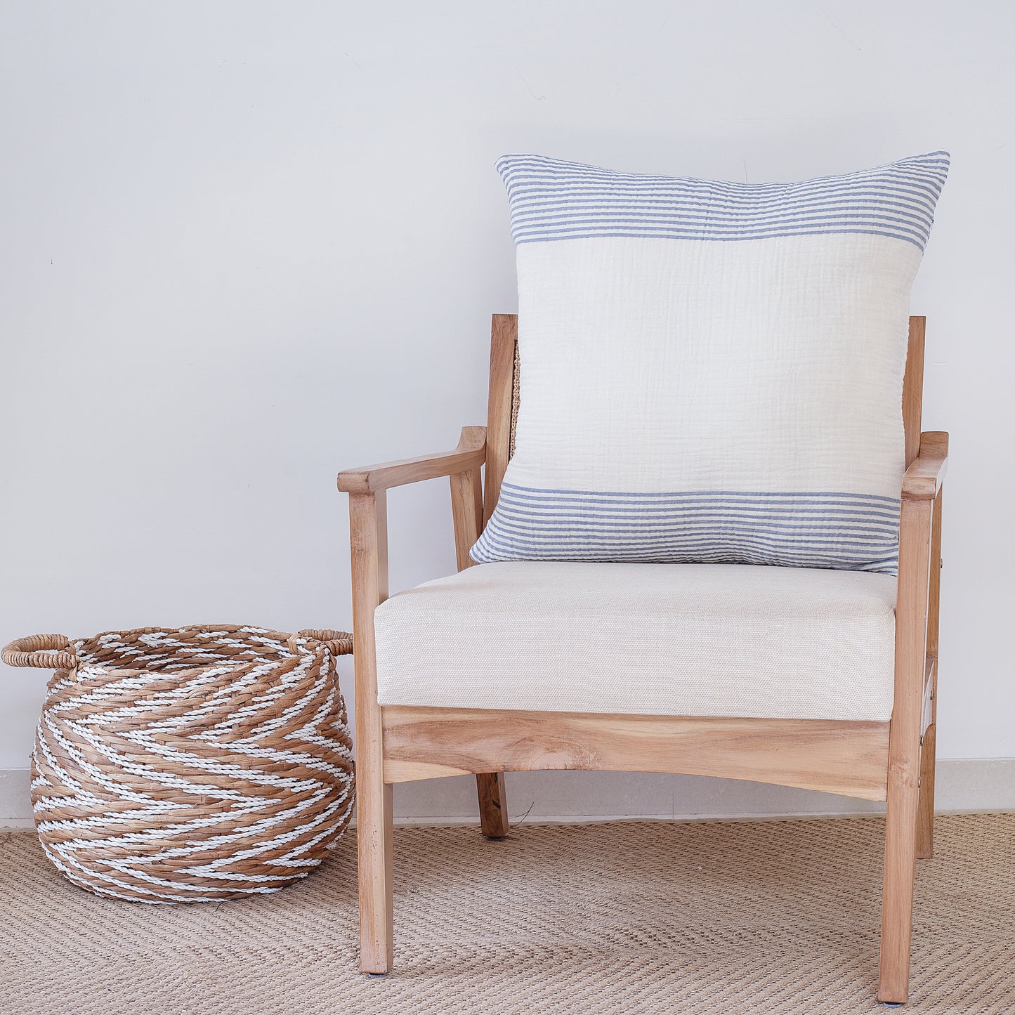 22" Beige and Ivory Striped Cotton Throw Pillow