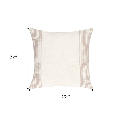 22" Beige and Ivory Striped Cotton Throw Pillow