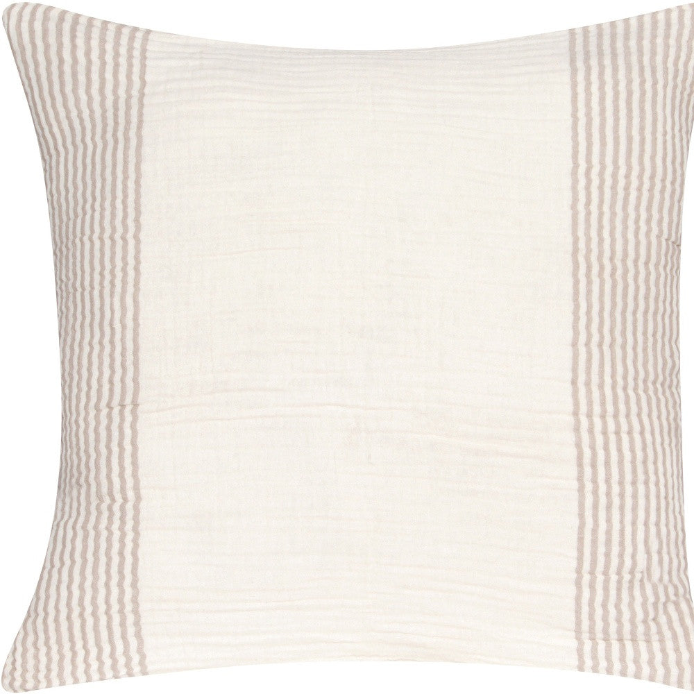 22" Beige and Ivory Striped Cotton Throw Pillow