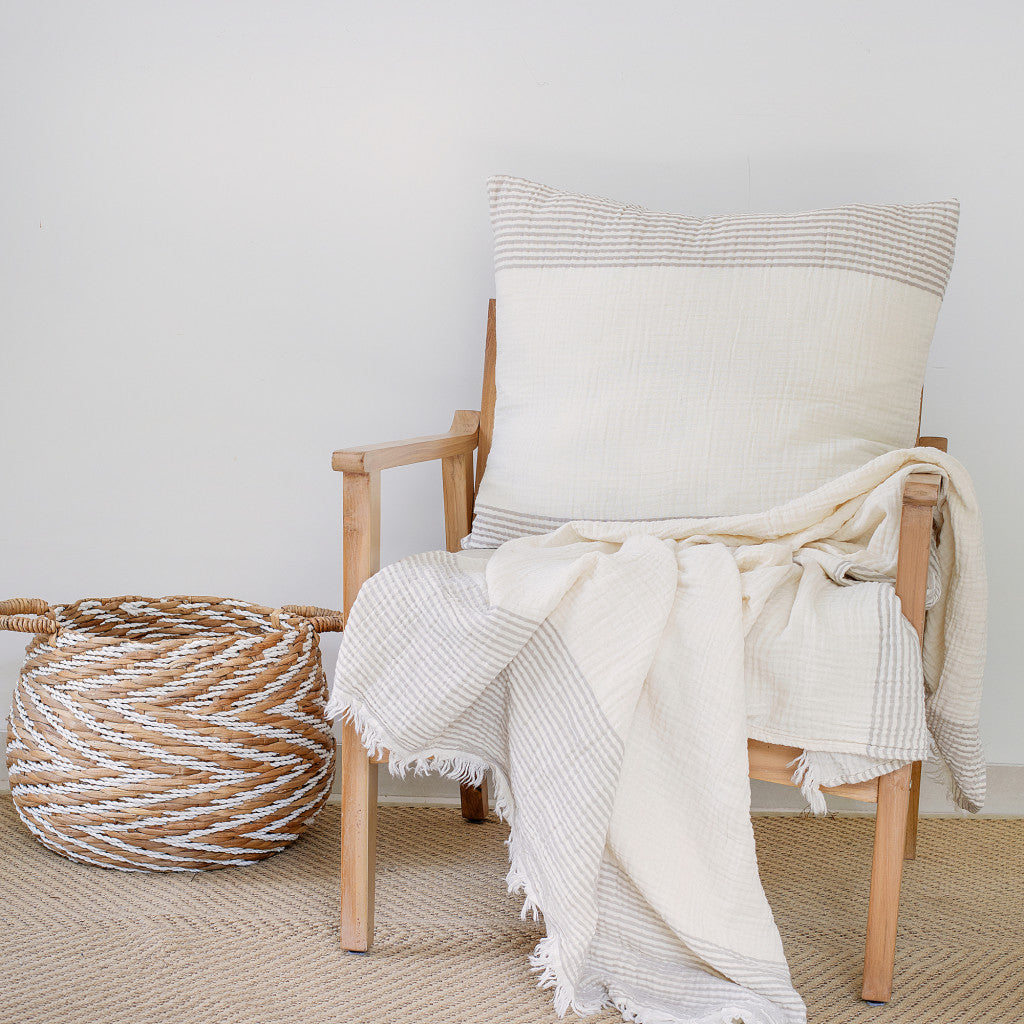 22" Beige and Ivory Striped Cotton Throw Pillow