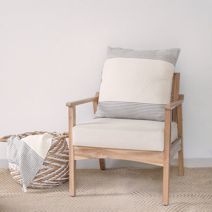 22" Beige and Ivory Striped Cotton Throw Pillow