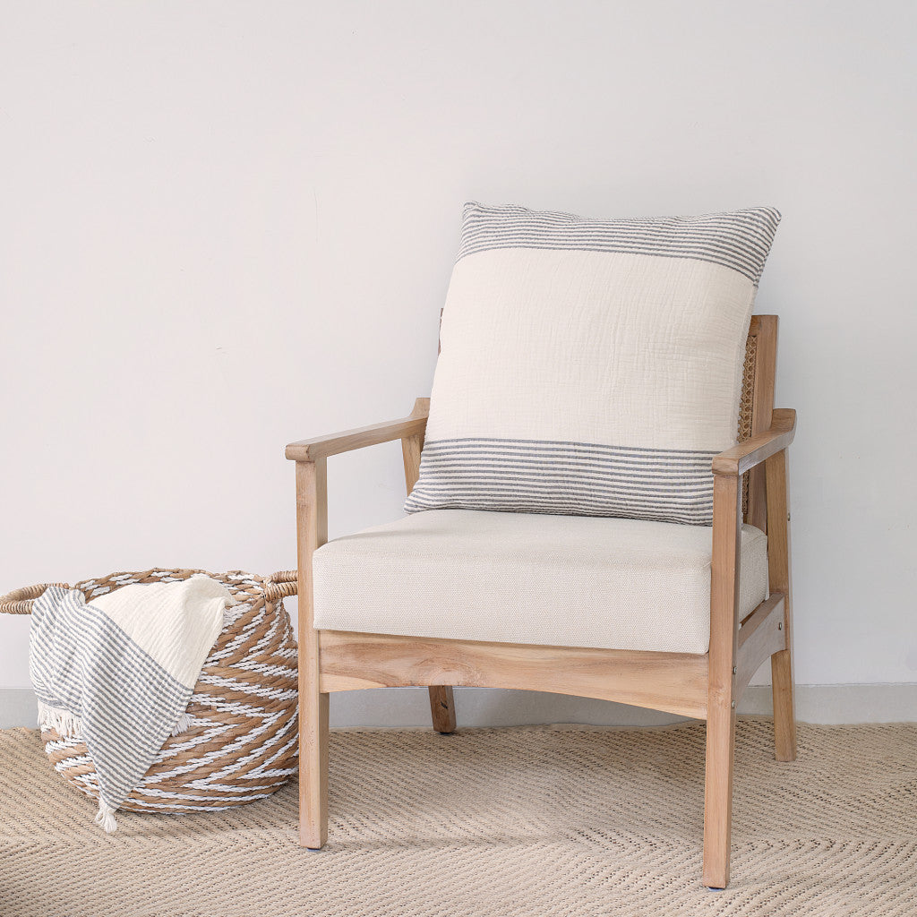 22" Beige and Ivory Striped Cotton Throw Pillow