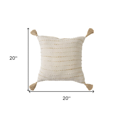 20" White Cotton Pillow With Tassels Edges