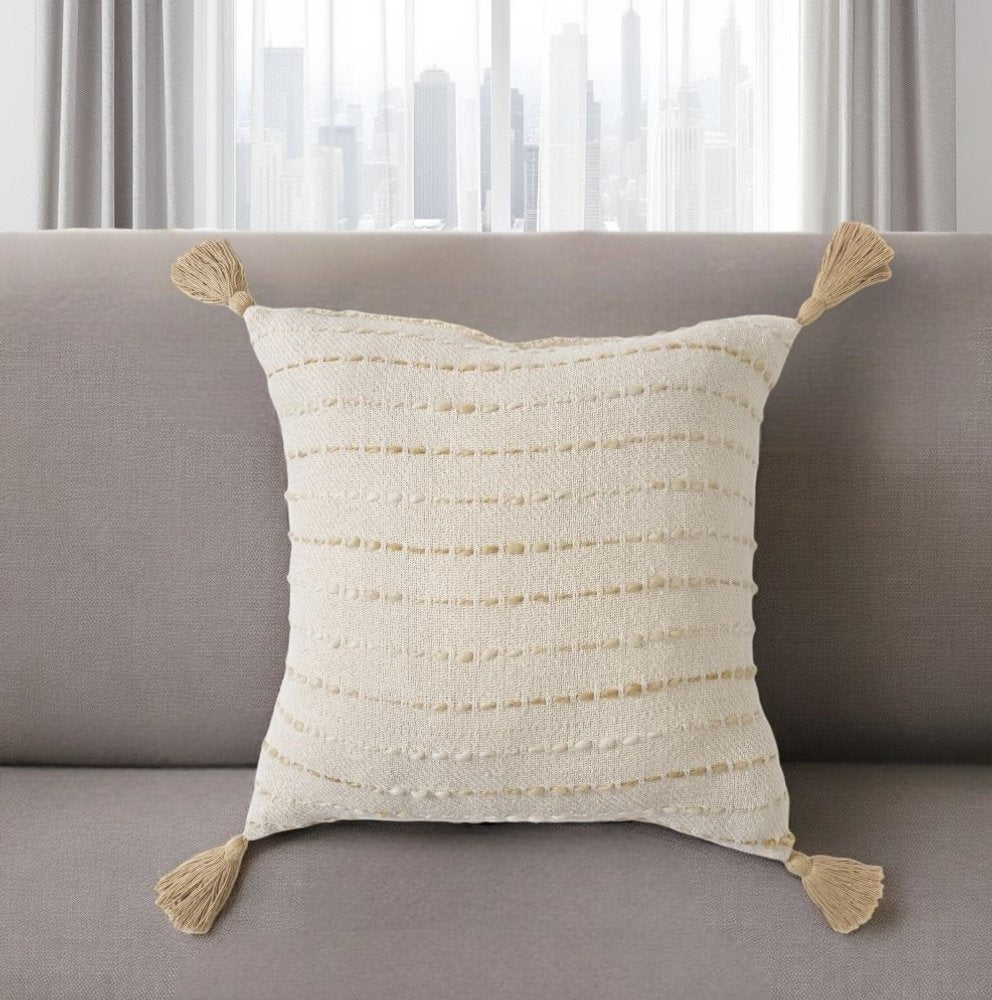 20" White Cotton Pillow With Tassels Edges