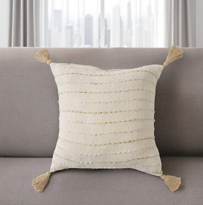 20" White Cotton Pillow With Tassels Edges