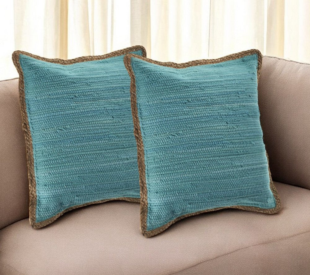 Set of Two 20" Turquoise Cotton And Jute Throw Pillows with Texture