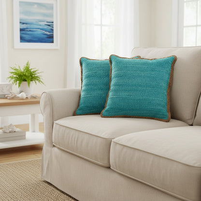 Set of Two 20" Turquoise Cotton And Jute Throw Pillows with Texture