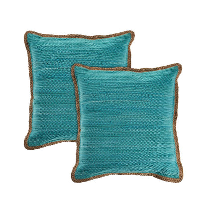 Set of Two 20" Turquoise Cotton And Jute Throw Pillows with Texture