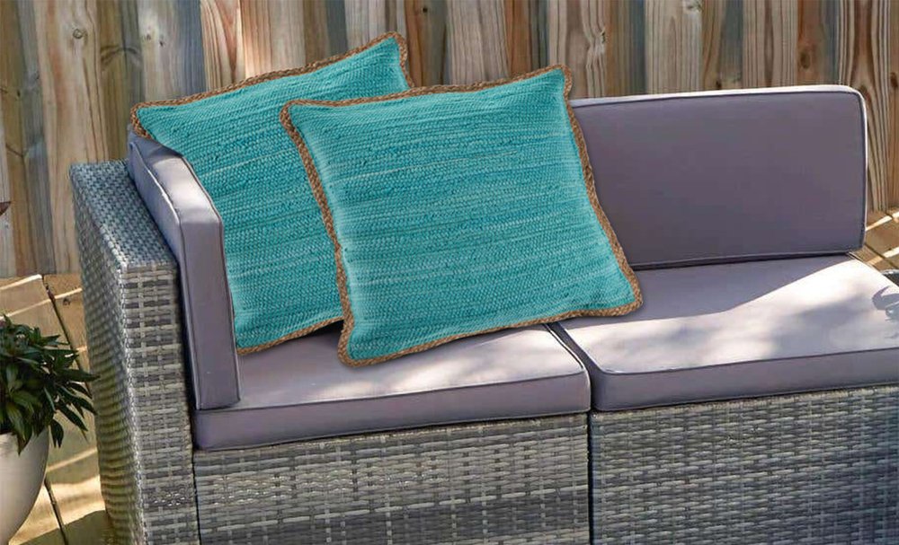 Set of Two 20" Turquoise Cotton And Jute Throw Pillows with Texture