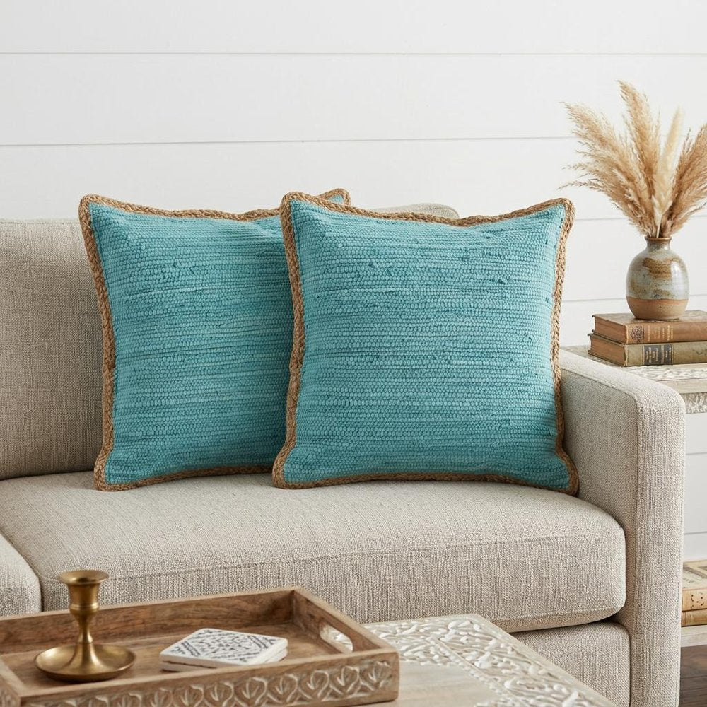 Set of Two 20" Red Cotton And Jute Throw Pillows with Texture