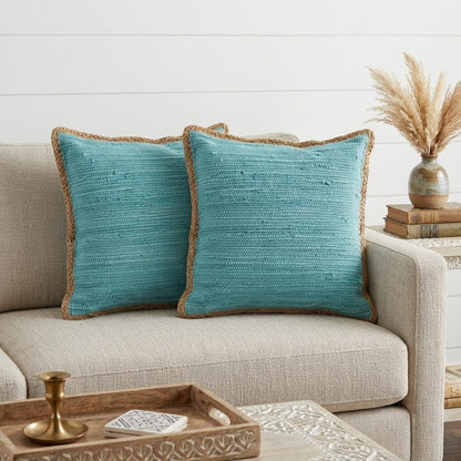 Set of Two 20" Red Cotton And Jute Throw Pillows with Texture