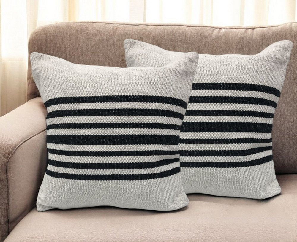Set of Two Black and White Striped Cotton Throw Pillows