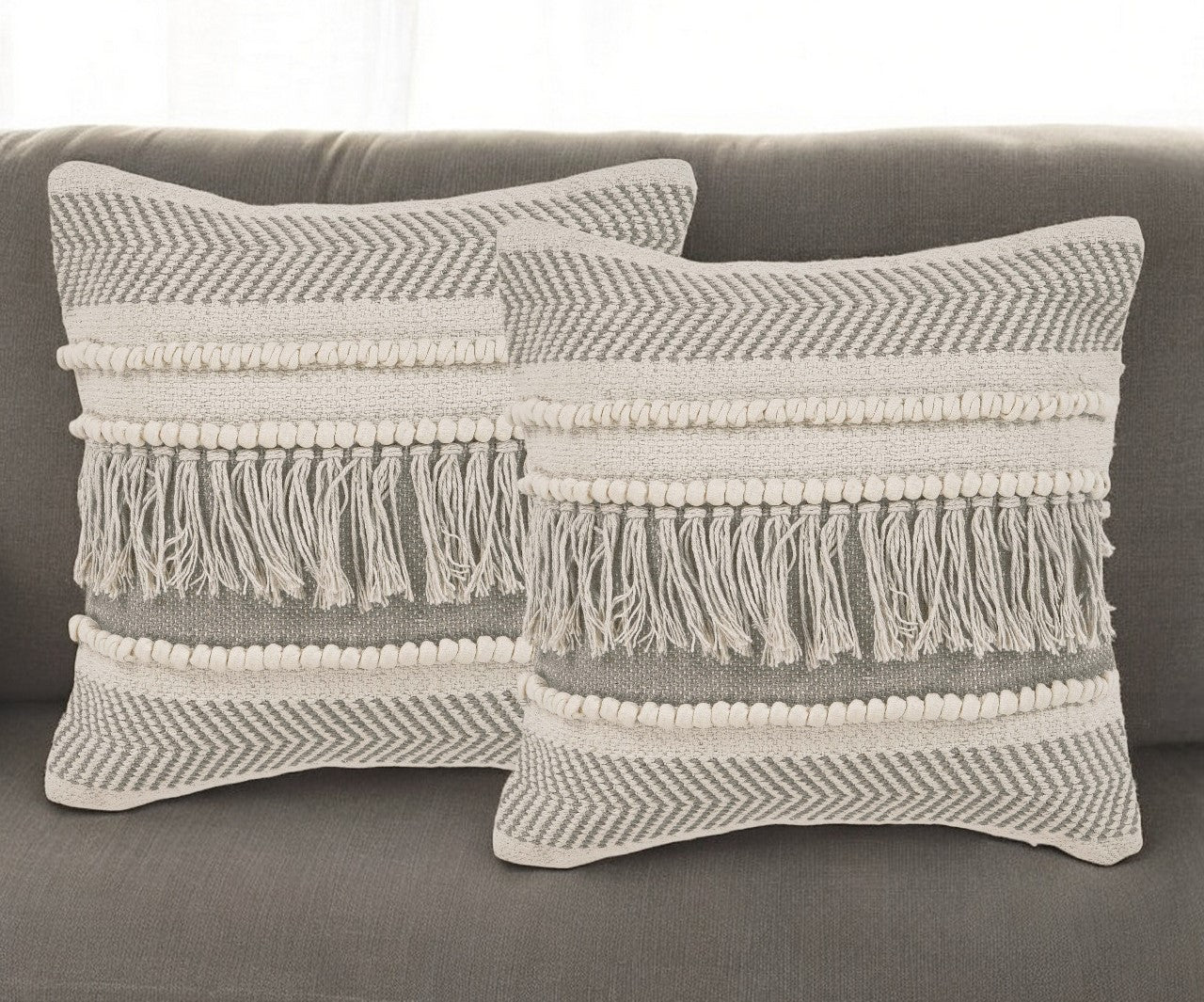 Set of Two Beige Striped Cotton Throw Pillow With Fringe