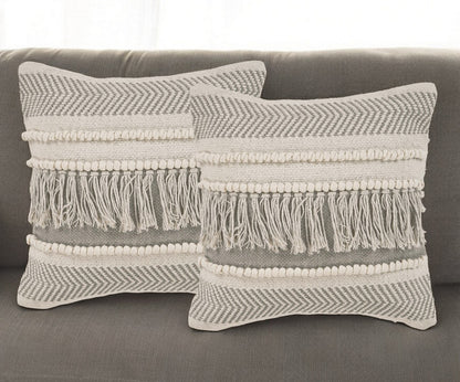 Set of Two Beige Striped Cotton Throw Pillow With Fringe