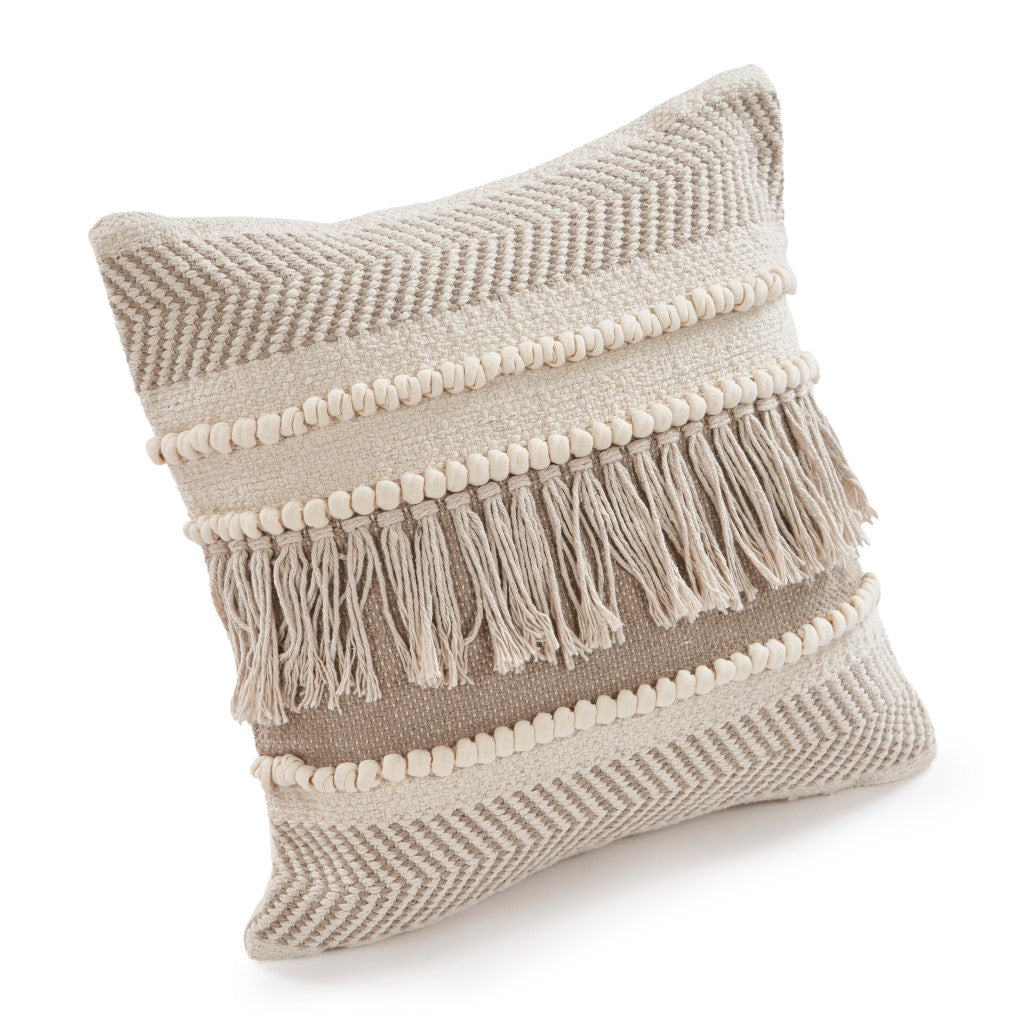 Set of Two Beige Striped Cotton Throw Pillow With Fringe