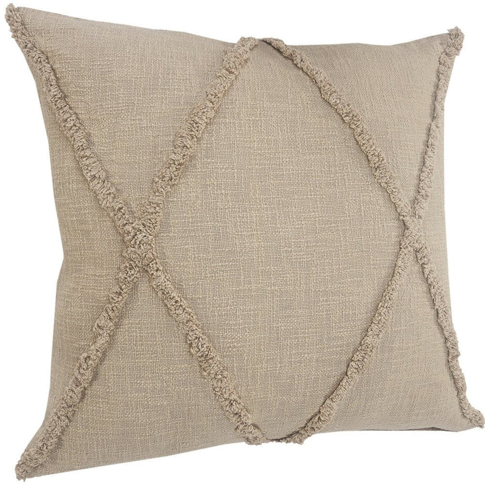 Set of Two Taupe and Brown Diamond Cotton Throw Pillow With Fringes
