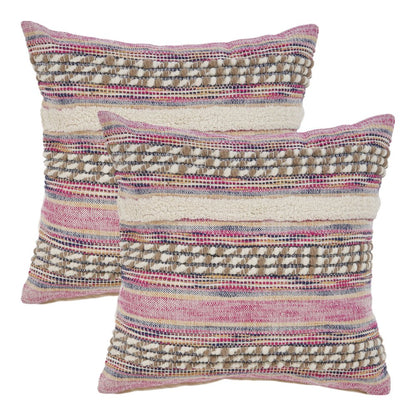 Set of Two Pink Striped Cotton Throw Pillow With Fringe