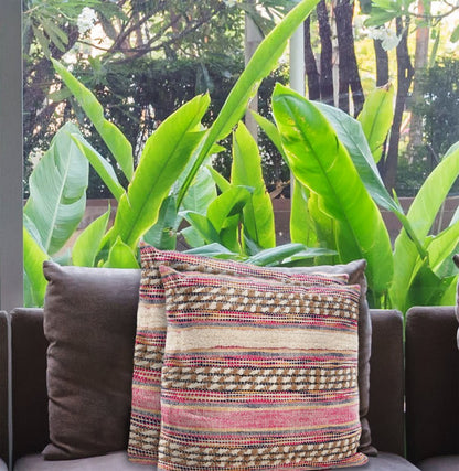 Set of Two Pink Striped Cotton Throw Pillows With Fringe