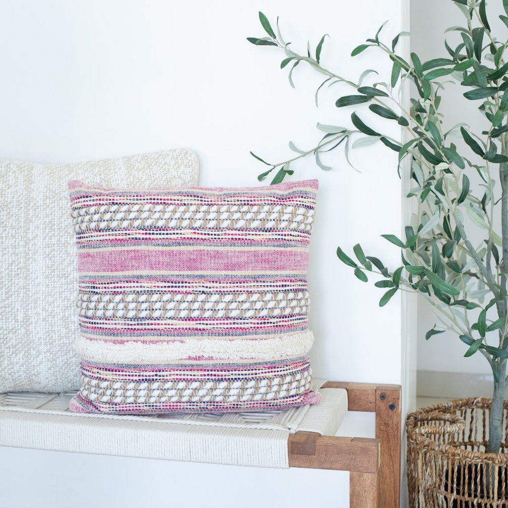 Set of Two Pink Striped Cotton Throw Pillows With Fringe