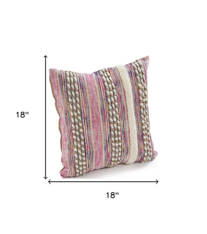 Set of Two Pink Striped Cotton Throw Pillows With Fringe