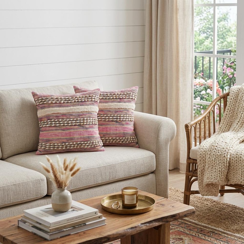 Set of Two Pink Striped Cotton Throw Pillows With Fringe