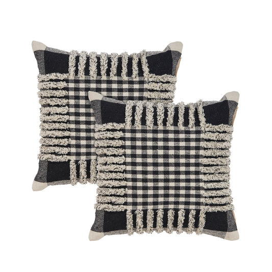 Set of Two Black and Ivory Plaid Cotton Throw Pillow With Fringe