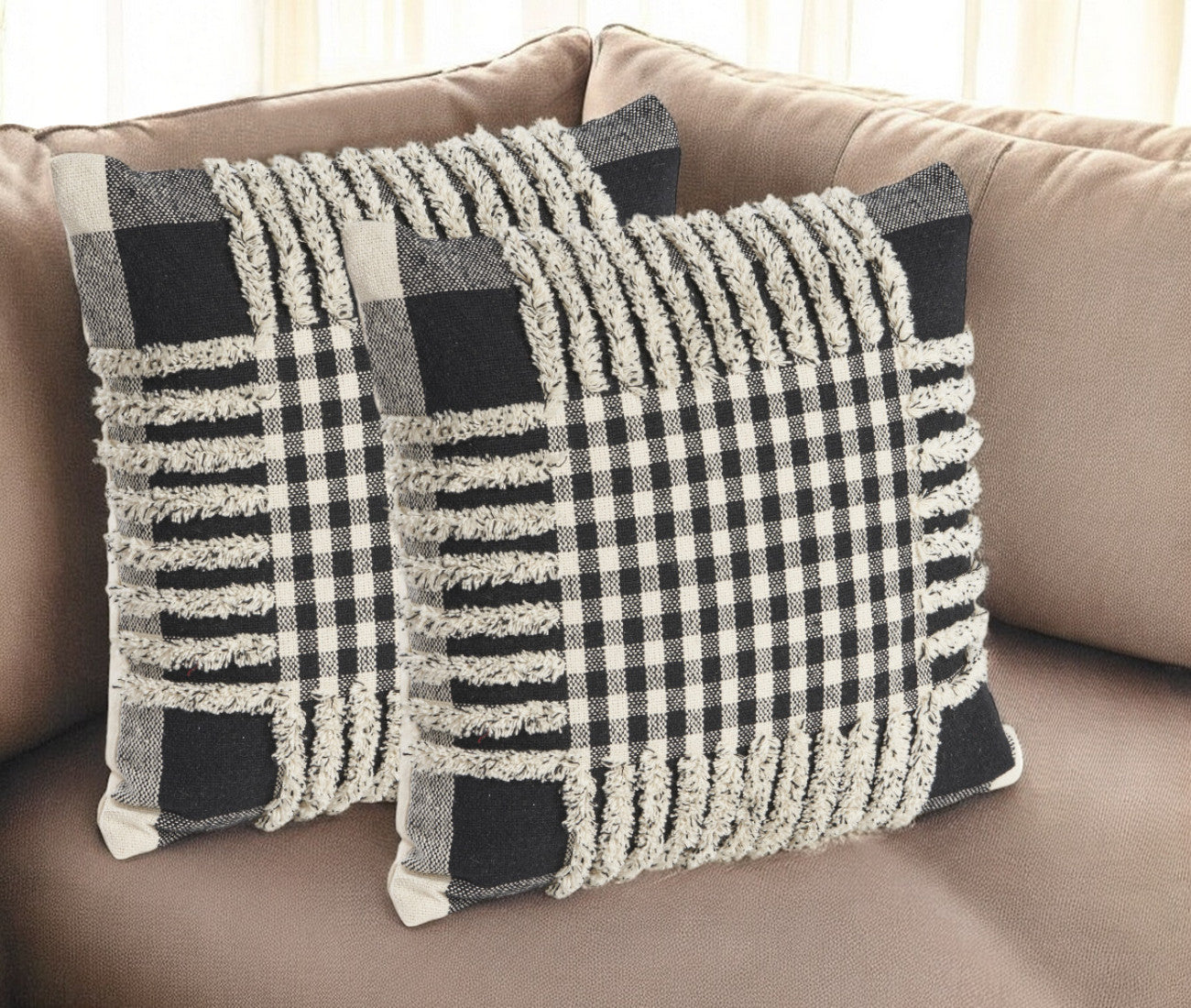 Set of Two Black and Ivory Plaid Cotton Throw Pillow With Fringe