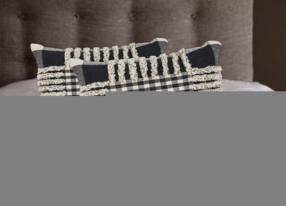 Set of Two Black and Ivory Plaid Cotton Throw Pillow With Fringe