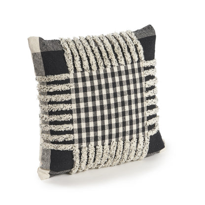 Set of Two Black and Ivory Plaid Cotton Throw Pillow With Fringe