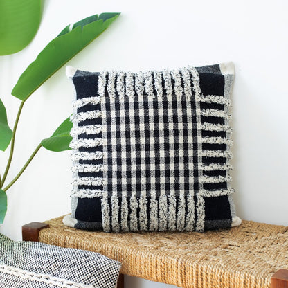 Set of Two Black and Ivory Plaid Cotton Throw Pillow With Fringe