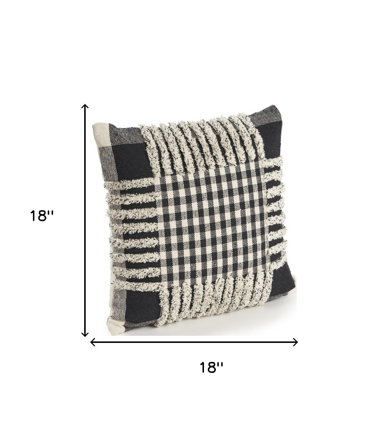 Set of Two Black and Ivory Plaid Cotton Throw Pillow With Fringe