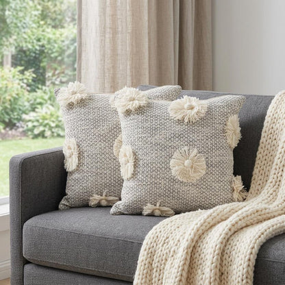 Set of Two Gray and Ivory Floral Cotton Throw Pillows With Fringe