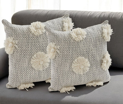 Set of Two Gray and Ivory Floral Cotton Throw Pillows With Fringe