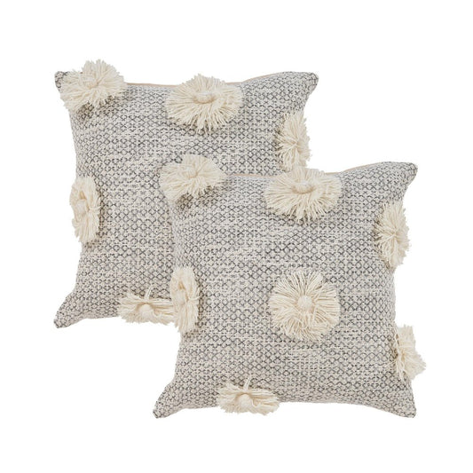 Set of Two Gray and Ivory Floral Cotton Throw Pillows With Fringe