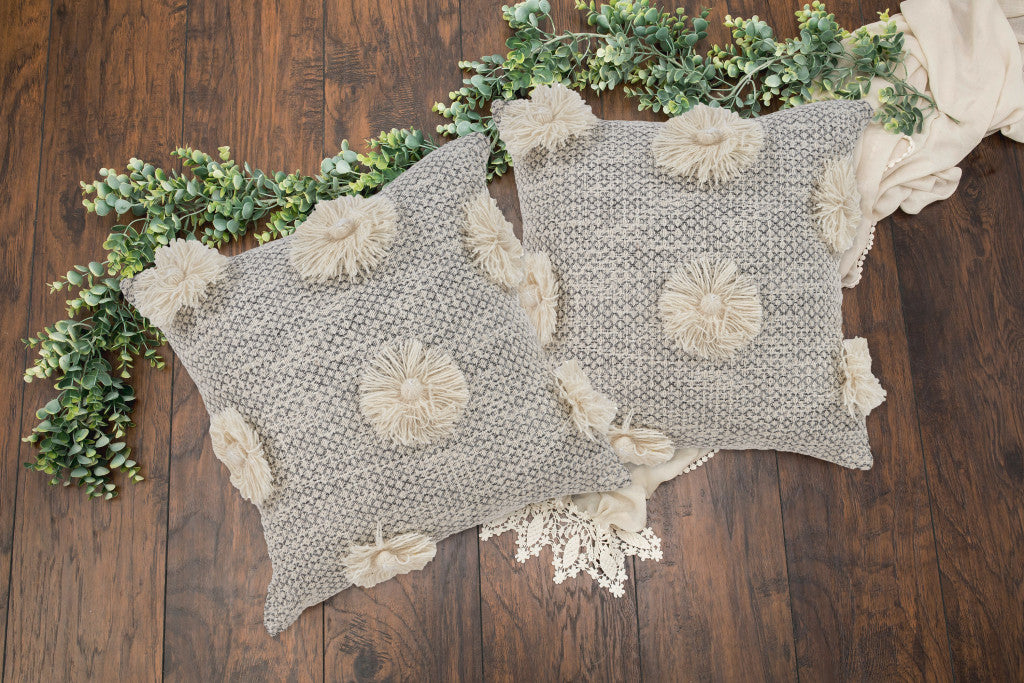 Set of Two Gray and Ivory Floral Cotton Throw Pillow With Fringe