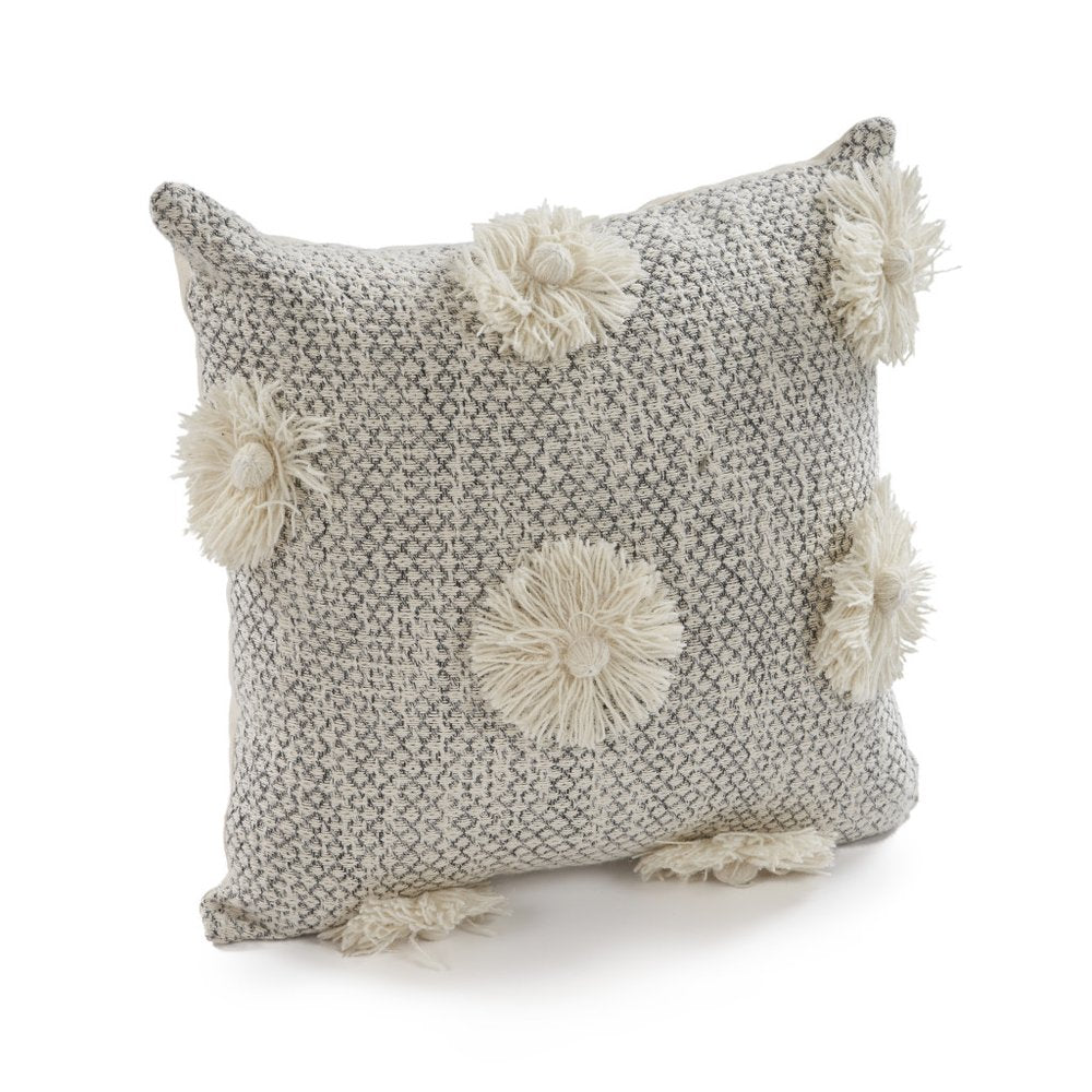Set of Two Gray and Ivory Floral Cotton Throw Pillows With Fringe