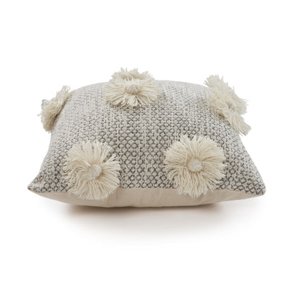 Set of Two Gray and Ivory Floral Cotton Throw Pillow With Fringe