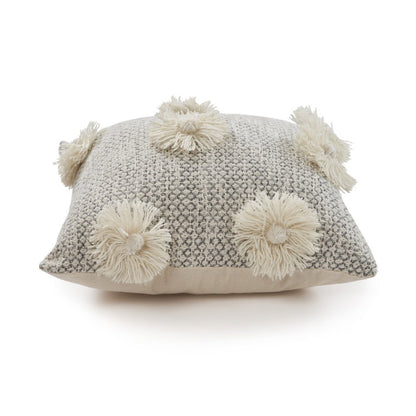 Set of Two Gray and Ivory Floral Cotton Throw Pillows With Fringe