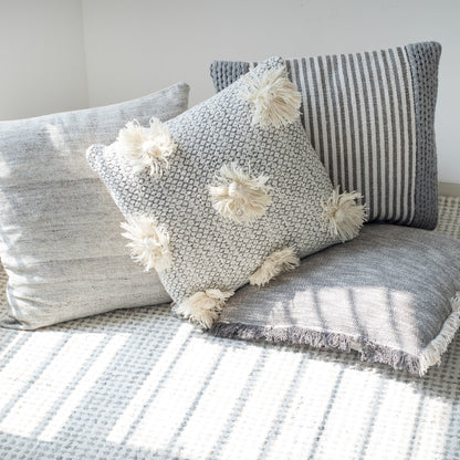 Set of Two Gray and Ivory Floral Cotton Throw Pillow With Fringe