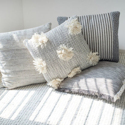 Set of Two Gray and Ivory Floral Cotton Throw Pillows With Fringe