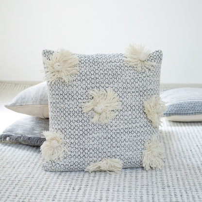 Set of Two Gray and Ivory Floral Cotton Throw Pillows With Fringe
