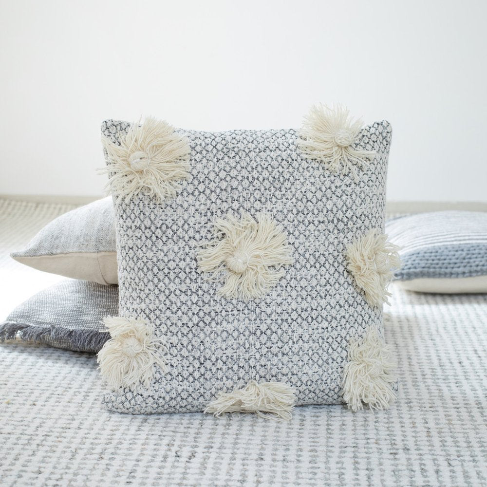 Set of Two Gray and Ivory Floral Cotton Throw Pillows With Fringe